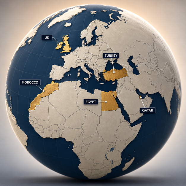 Strategic global presence map showing hubs in UK, Turkey, Morocco, Egypt, and Qatar